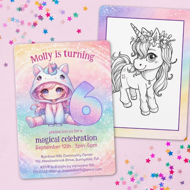 Invitación Rainbow Unicorn chibi niñita 6 años (Subido por el creador)