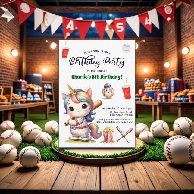 Invitación Rainbow Unicorn jugando al béisbol (Subido por el creador)