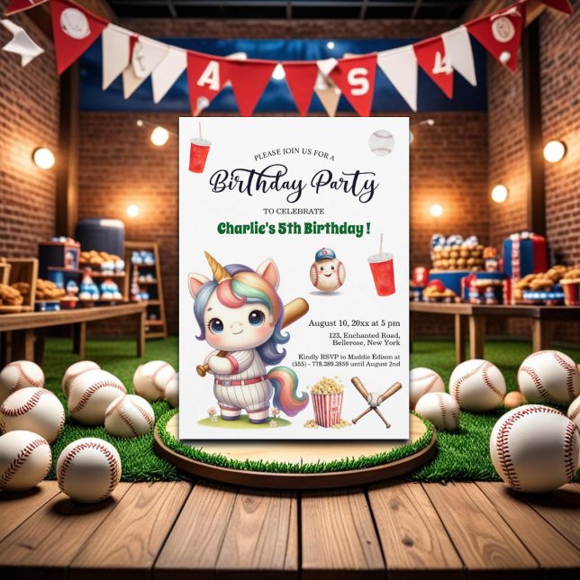 Invitación Rainbow Unicorn jugando al béisbol (Subido por el creador)