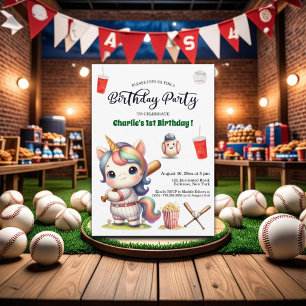 Invitación Rainbow Unicorn jugando al béisbol el primer cumpl