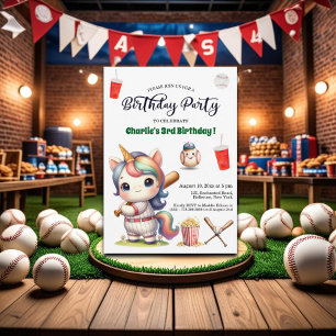 Invitación Rainbow Unicorn jugando al béisbol el tercer cumpl