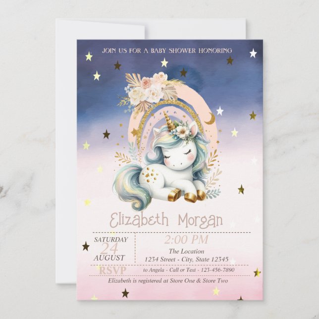 Invitación Rainbow Unicorn Stars Ombre Baby Shower (Anverso)