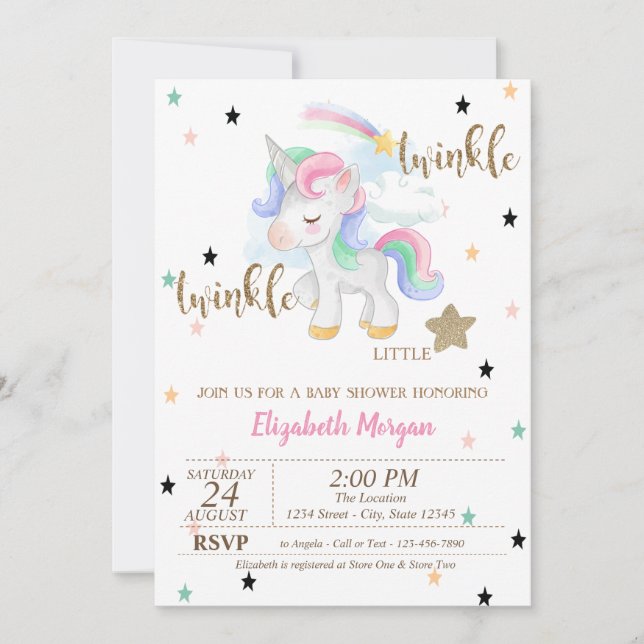 Invitación Rainbow Unicorn, Twinkle Little Star Baby Shower (Anverso)