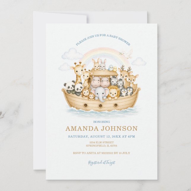 Invitación Rainbow Watercolor Animals Noah Ark (Anverso)