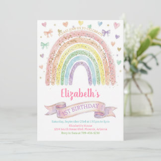 Invitación Rainbows and Hearts First Birthday Invite Pastel