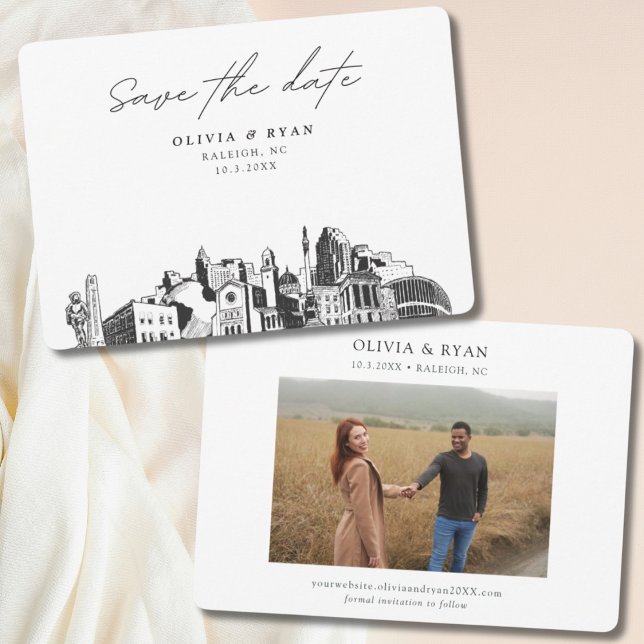 Invitación Raleigh Boda Modern Save the Date (Raleigh wedding save the date skyline city sketch with engagement photo)