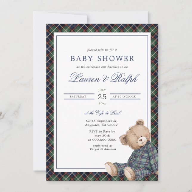 Invitación Ralph Plaid Teddy Bear Boy Navy Preppy Baby Shower (Anverso)
