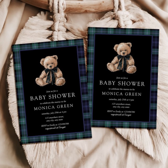 Invitación Ralph Teddy Bear Navy Verde Cuadros Baby Shower (Ralph Christmas Baby Shower Invitation Plaid Green Blue Plaid Tartan Teddy Bear)