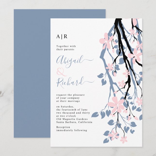 Invitación Rama azul turbia, boda de las iniciales de las flo (Anverso / Reverso)