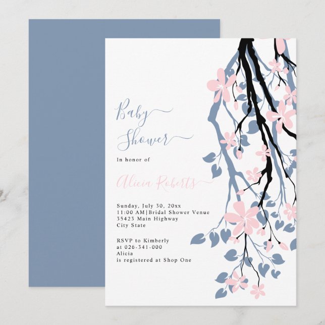 Invitación Rama azul turbia, flores rosadas ducha bebé (Anverso / Reverso)