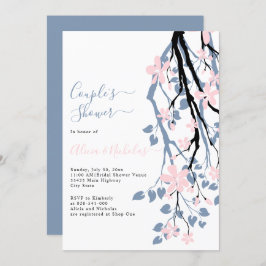 Invitación Rama azul turbia, flores rosas, parejas de ducha