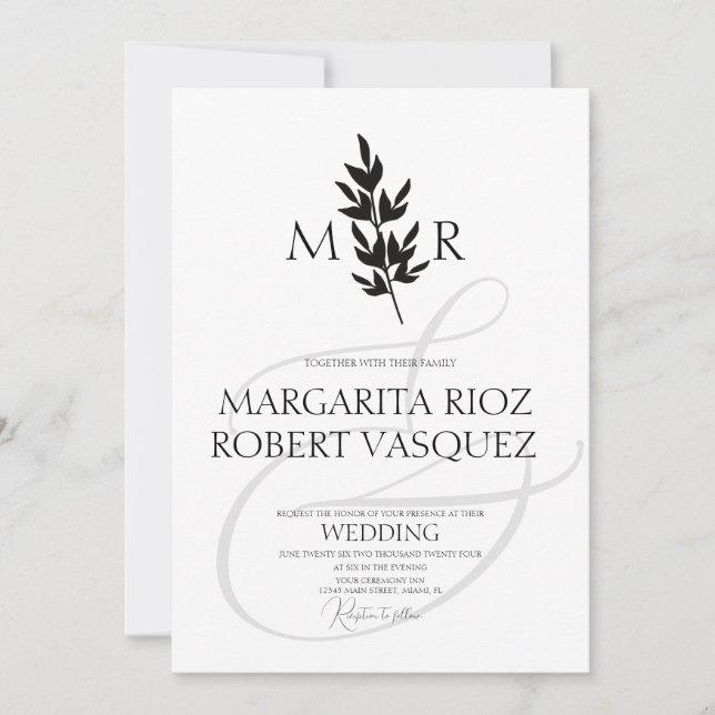 Invitación Rama Botánica Ampersand Bodas Monogramadas (Anverso)