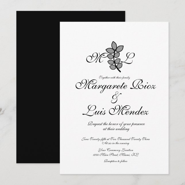Invitación Rama Botánica Caligrafía Monogramada de Boda  (Anverso / Reverso)
