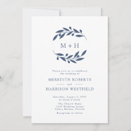 Invitación Rama de aceitunas azules de pizarra Monograma Boda