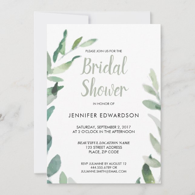 Invitación Rama de acuarela botánica moderna Bridal Shower (Anverso)