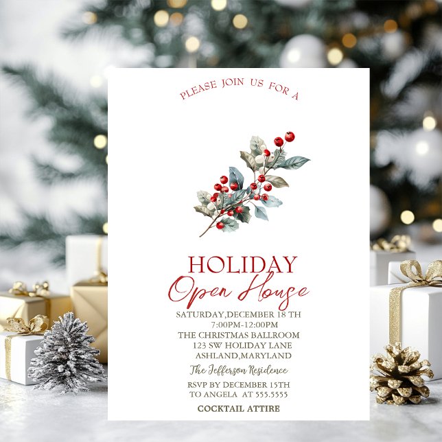 Invitación Rama de árbol de pino bayas rojas fiesta de vacaci (Subido por el creador)