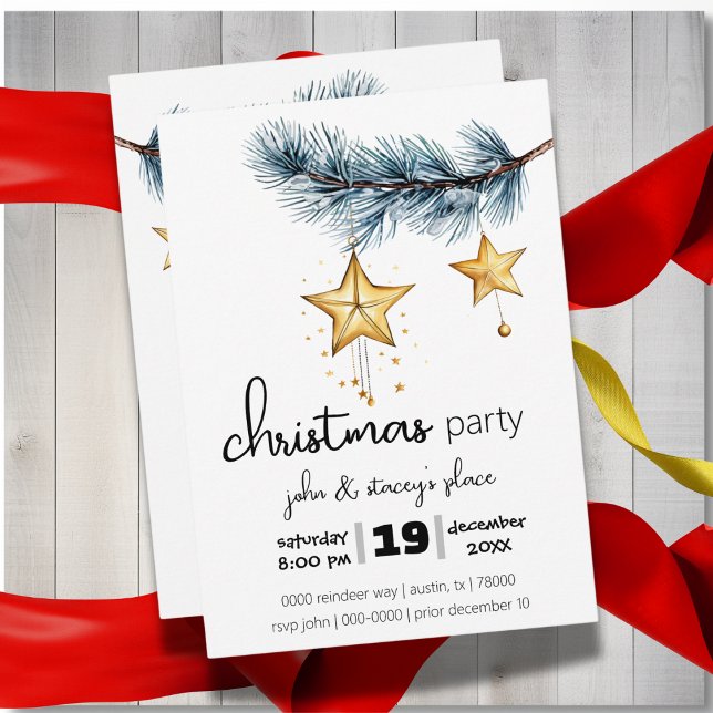Invitación Rama de árbol de vacaciones con Fiesta de estrella (Modern holiday party Christmas customizable invitation with pine and gold stars)