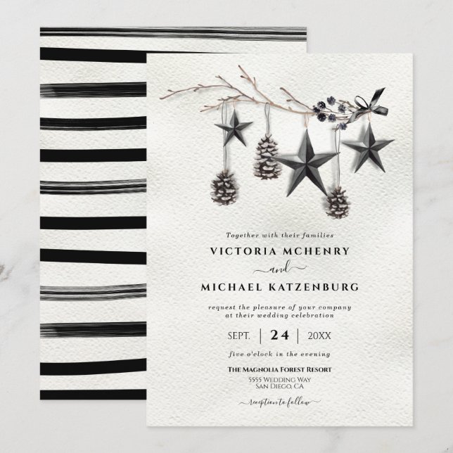 Invitación Rama de bodas de invierno para Navidades negros mo (Anverso / Reverso)