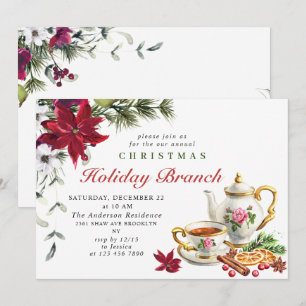 Invitación Rama de feriado de Navidades de Poinsettia festiva