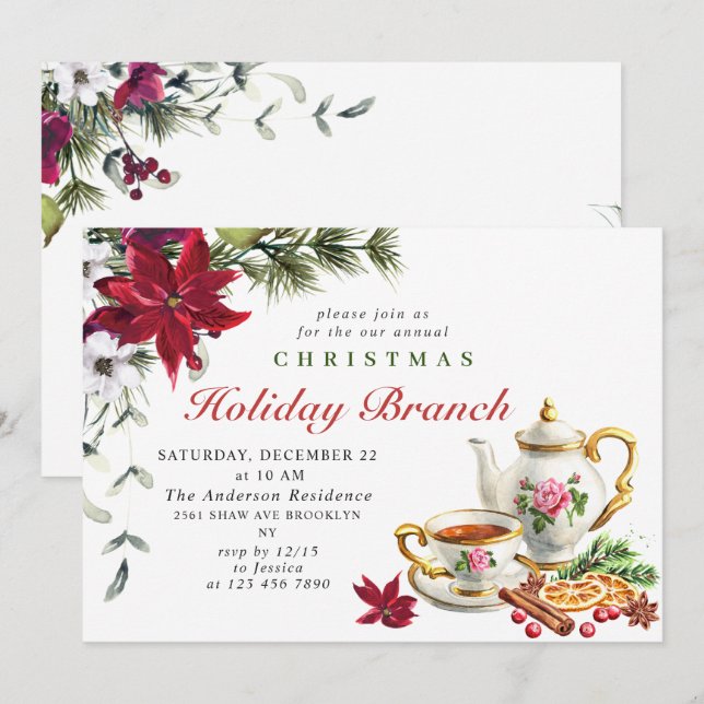 Invitación Rama de feriado de Navidades de Poinsettia festiva (Anverso / Reverso)