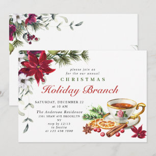Invitación Rama de feriado de Navidades de Poinsettia festiva
