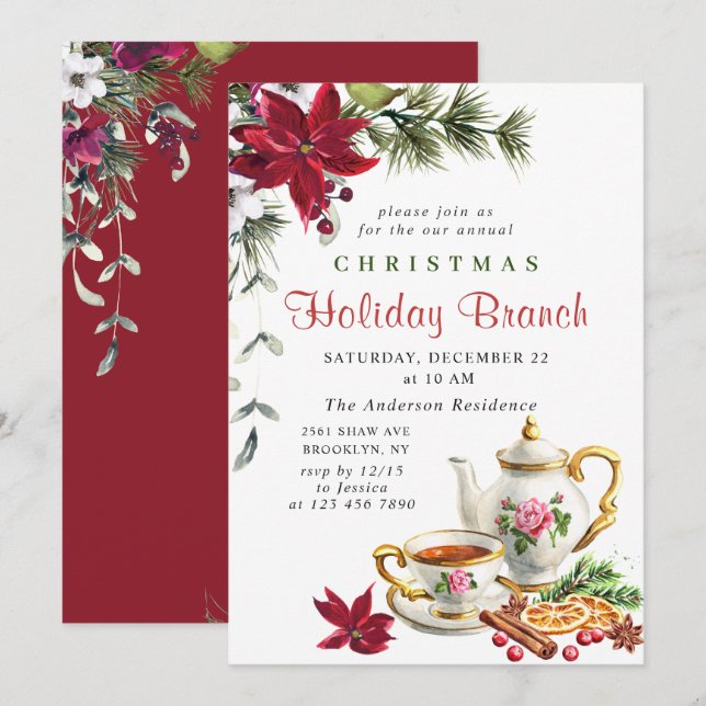 Invitación Rama de feriado de Navidades de Poinsettia festiva (Anverso / Reverso)