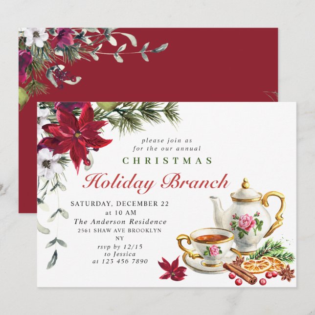 Invitación Rama de feriado de Navidades de Poinsettia festiva (Anverso / Reverso)