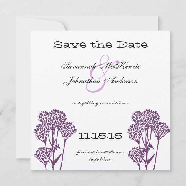 Invitación Rama de Flor Silvestre Morada para Save the Date d (Anverso)