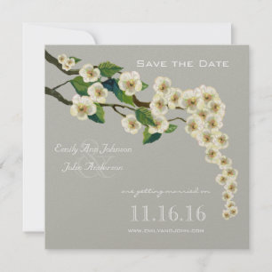 Invitación Rama de flores de cerezo gris marfil salva la fech
