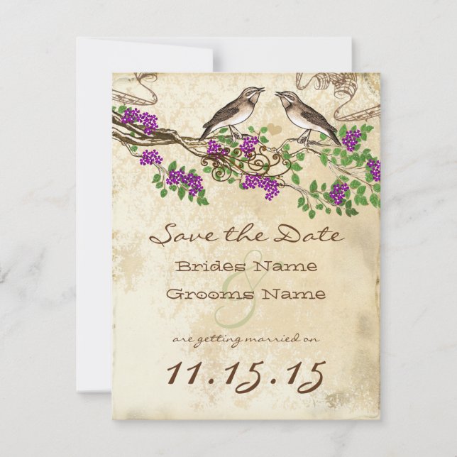 Invitación Rama de flores púrpuras vintage pájaros boda RSVP (Anverso)