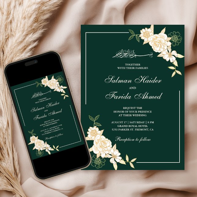 Invitación Rama de hojas florales de crema esmeralda Boda mus (Subido por el creador)