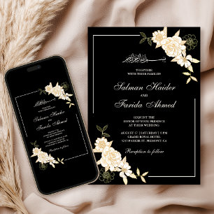Invitación Rama de hojas florales de crema negra Boda musulma