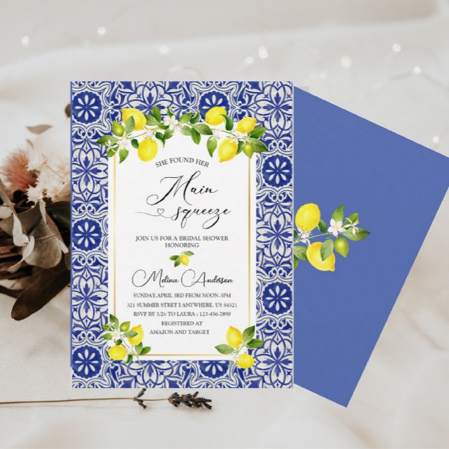Invitación Rama de limón y mosaico azul acuarela bebé sho (Subido por el creador)