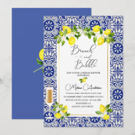 Invitación rama de limón y rama de acuarela de mosaico azul y