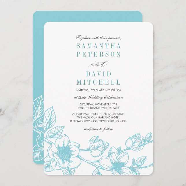 Invitación Rama de Magnolia floral | Azul pálido | BODA (Anverso / Reverso)