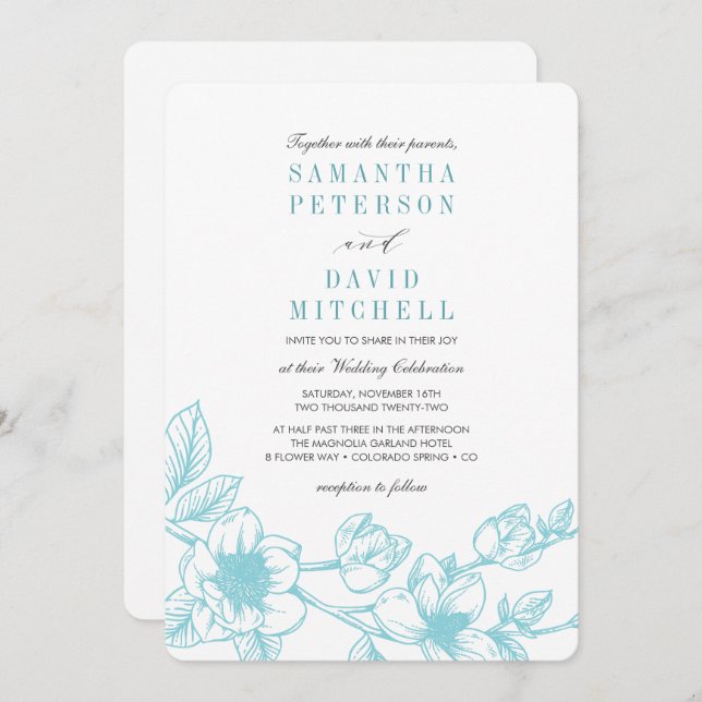 Invitación Rama de Magnolia floral | Azul pálido | BODA (Anverso / Reverso)