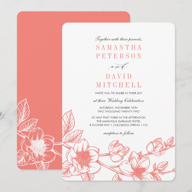 Invitación Rama de Magnolia floral | Coral | BODA (Anverso / Reverso)