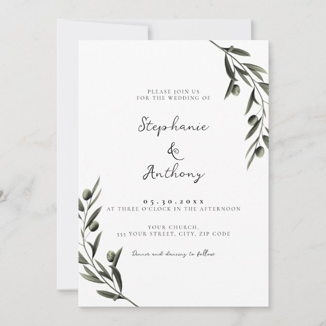 Invitación Rama de oliva botánica deja Boda italiano (Anverso)
