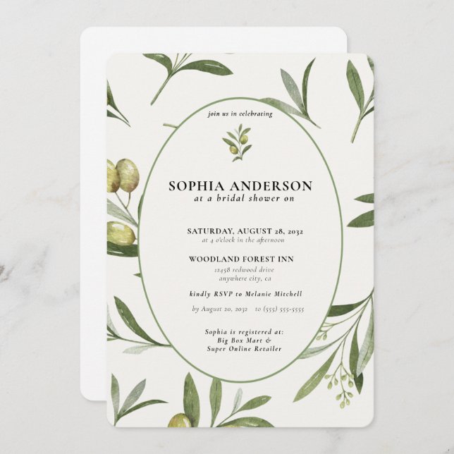 Invitación Rama de oliva moderna ducha de novias (Anverso / Reverso)