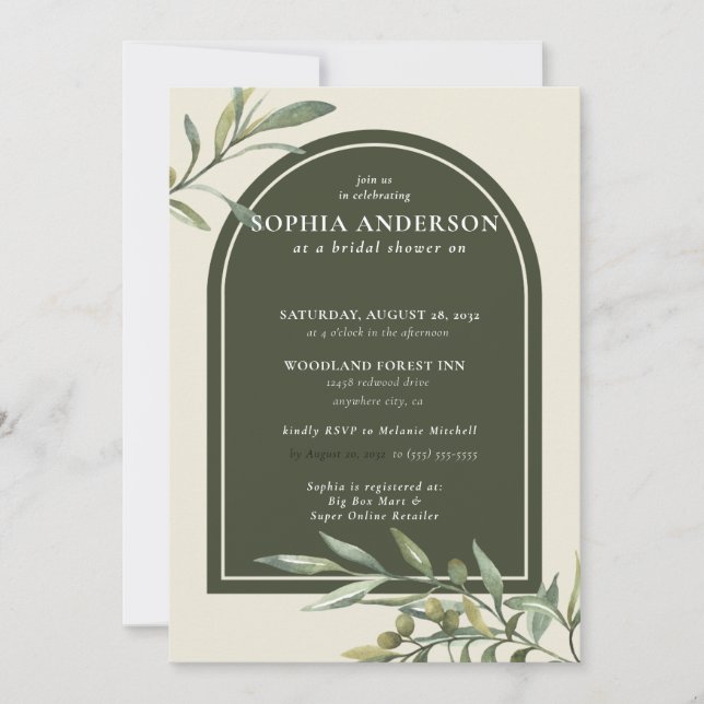 Invitación Rama de oliva moderna ducha de novias (Anverso)