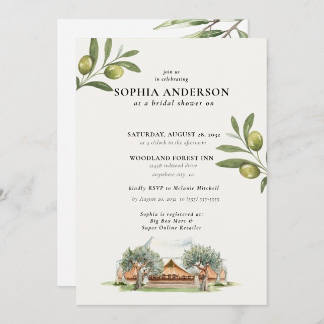 Invitación Rama de oliva moderna ducha de novias (Anverso / Reverso)