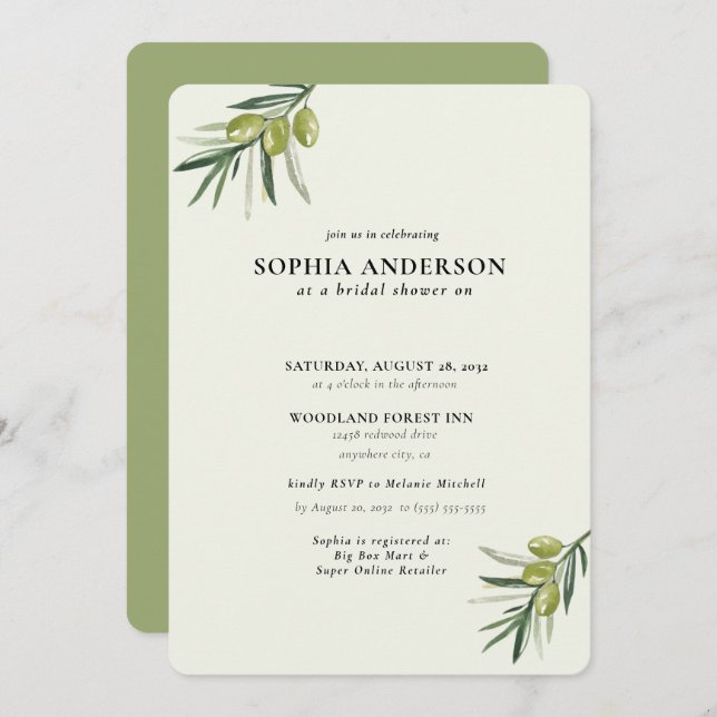 Invitación Rama de oliva moderna ducha de novias (Anverso / Reverso)