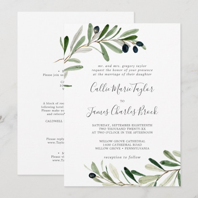 Invitación Rama De Oliva Moderna Todo En Un Boda (Anverso / Reverso)
