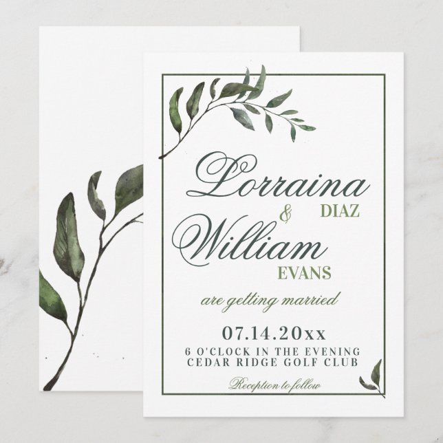 Invitación Rama de olivo de vegetación Boda elegante (Anverso / Reverso)