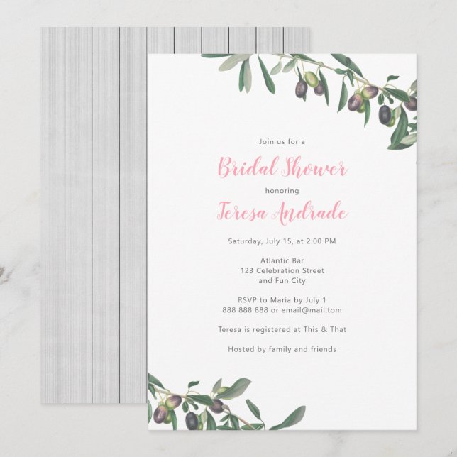 Invitación Rama de Olivo Ducha de novia Botánica Mediterránea (Anverso / Reverso)