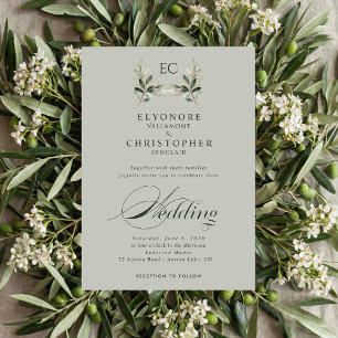 Invitación Rama de olivo en verde salvia Monograma Foto Boda