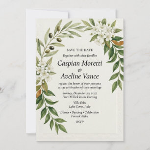 Invitación Rama de Olivo y Flor Blanca Elegante Salva la Fech