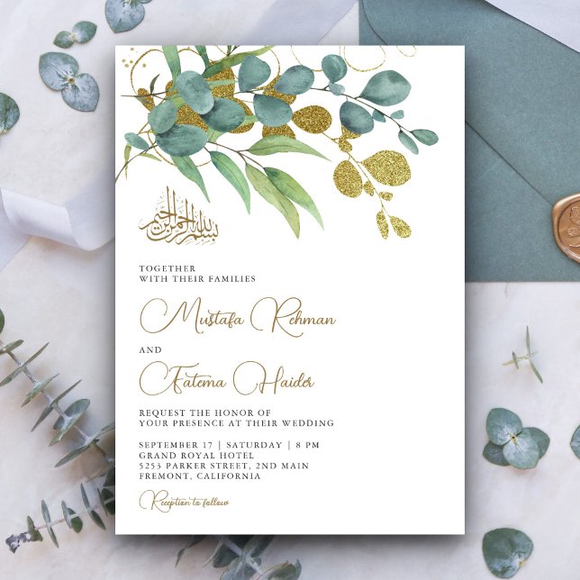 Invitación Rama de oro de eucalipto rústico Boda islámica (Subido por el creador)
