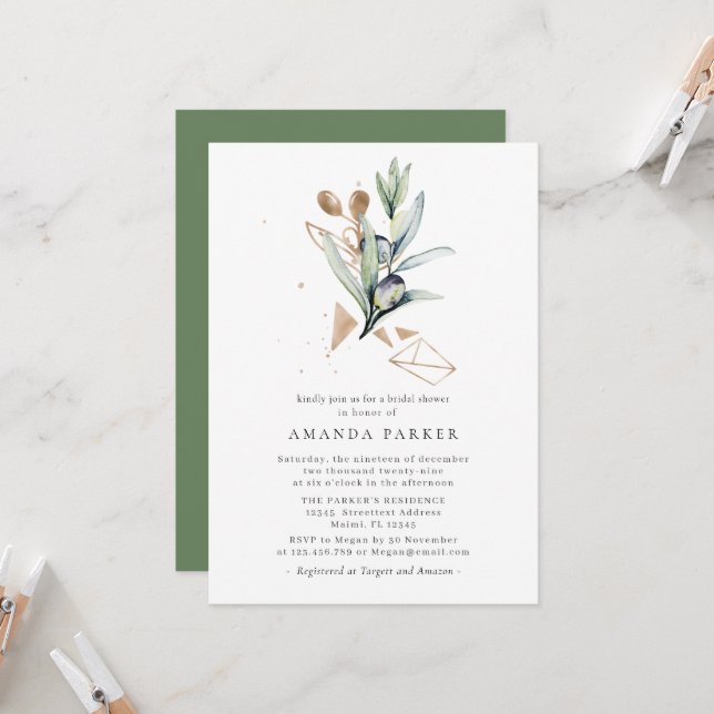 Invitación Rama de oro de oliva moderna ducha de noviasInvita (Anverso/Reverso In Situ)