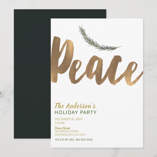 Invitación Rama de paz de feriado botánico Pine Rustic Gold (Anverso / Reverso)